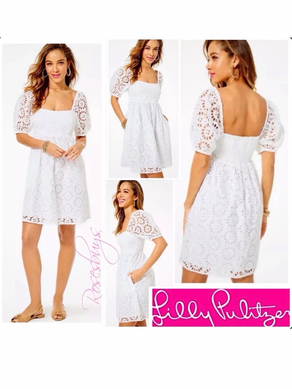 Lilly Pulitzer White Eyelet Puff-Sleeve Square-Neck Mini Dress